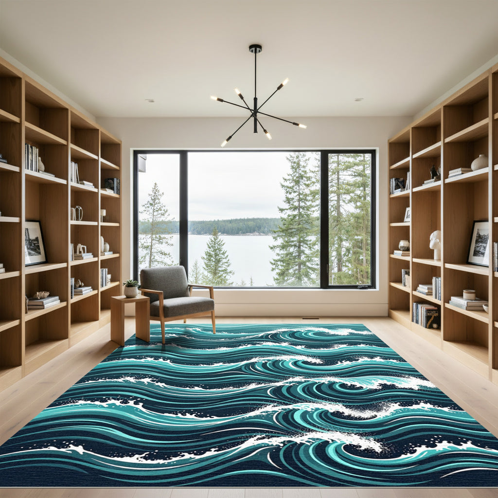 Dynamic Teal Ocean Wave Swirl Rug