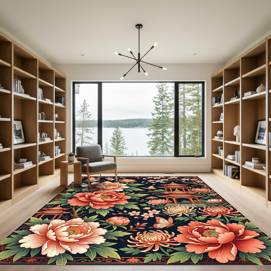 Elegant Chinoiserie Peony Pavilion Floral Art Rug