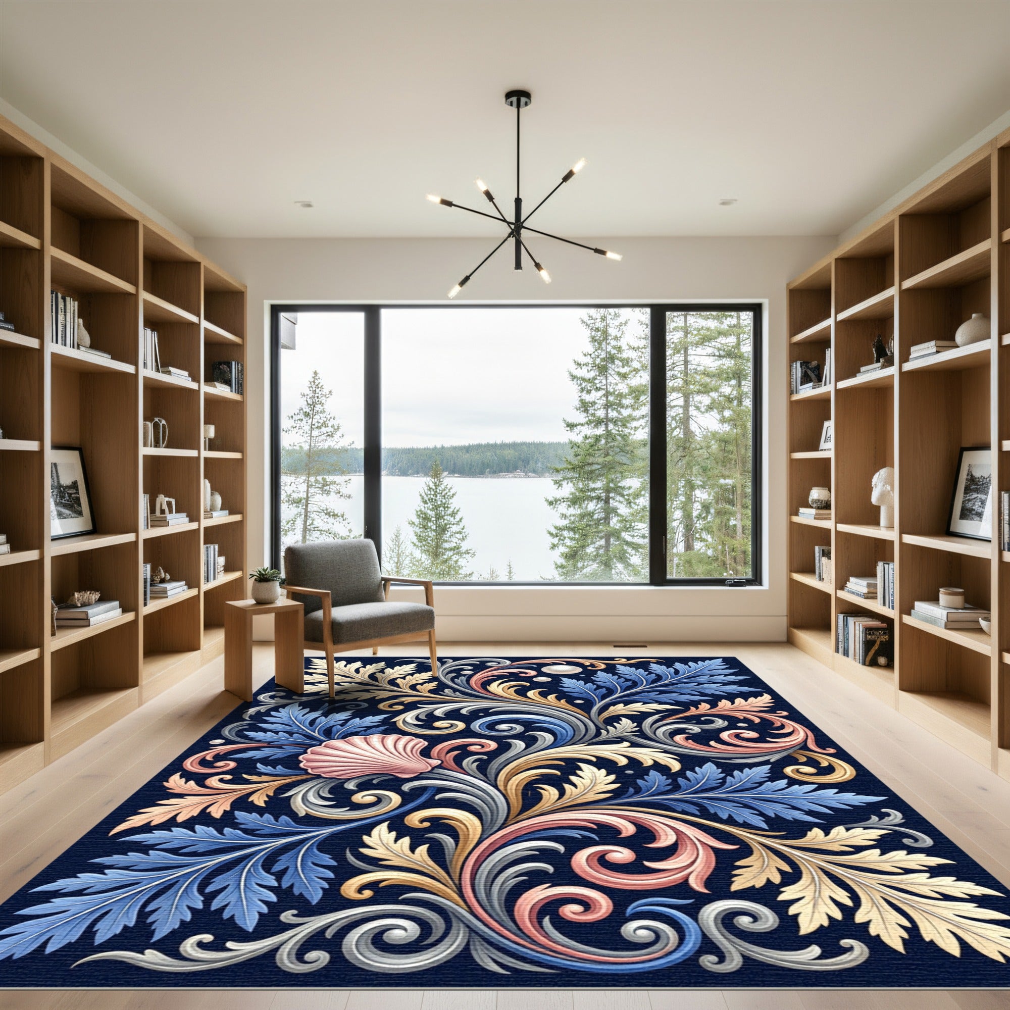 Elegant Blue Pearl Shell Scrollwork Rug