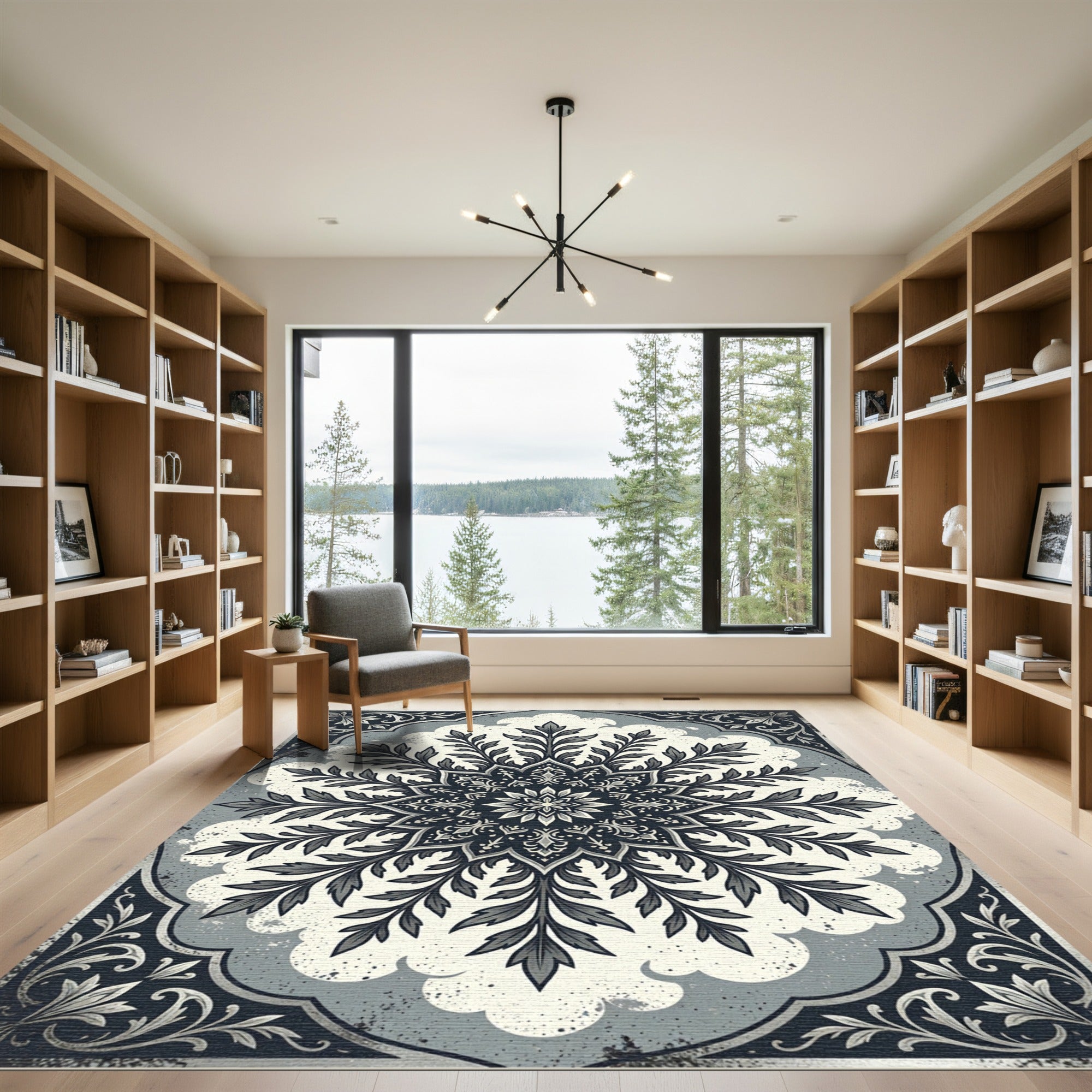 Sophisticated Slate Gray Floral Damask Rug