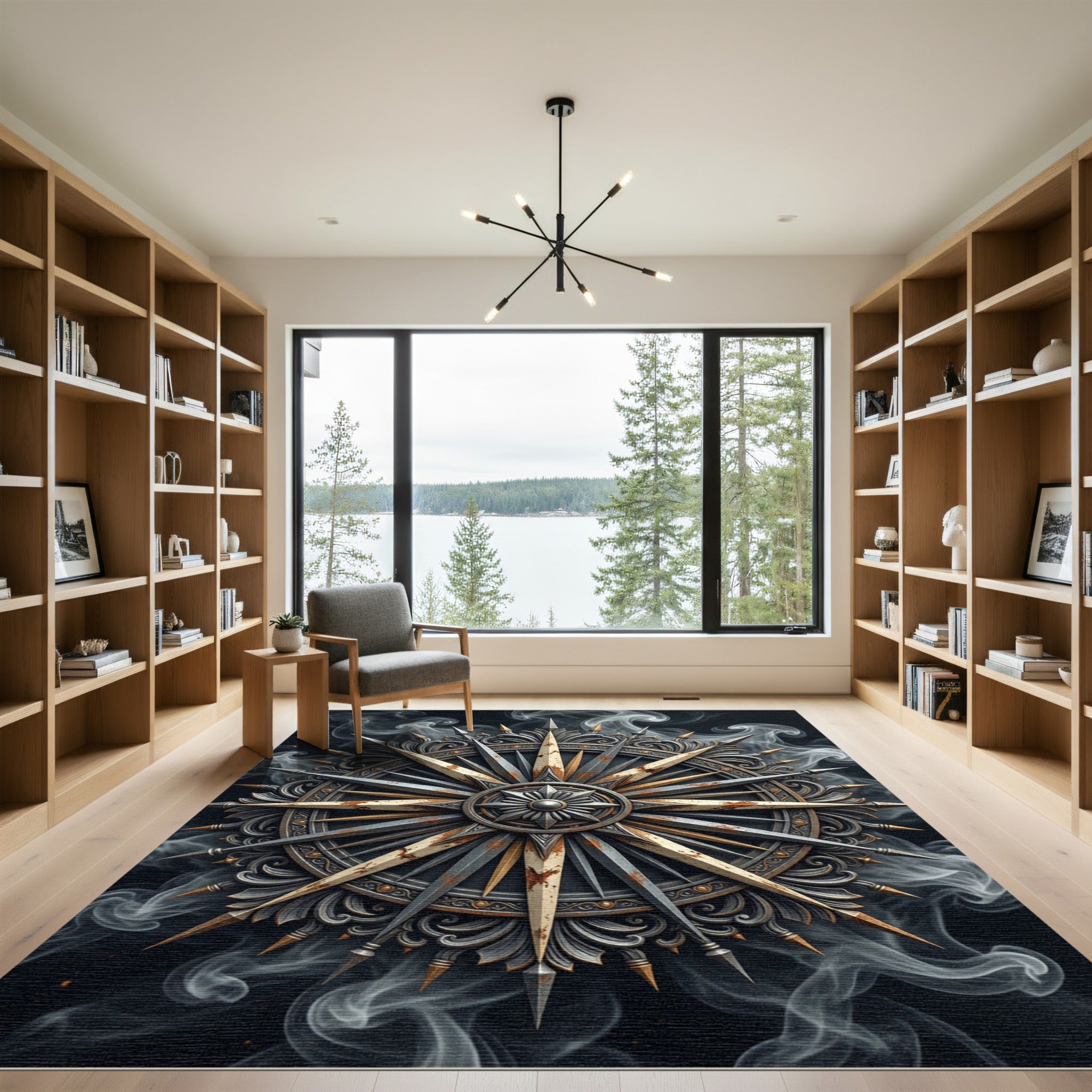 Distressed Silver Gold Compass Rose Medallion Rug