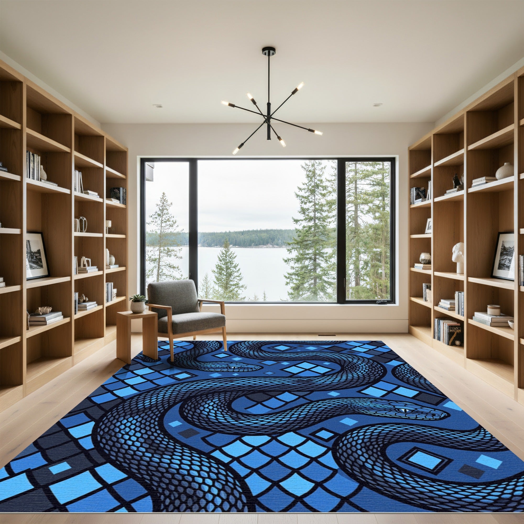 Electric Blue Serpentine Geometric Diamond Art Rug