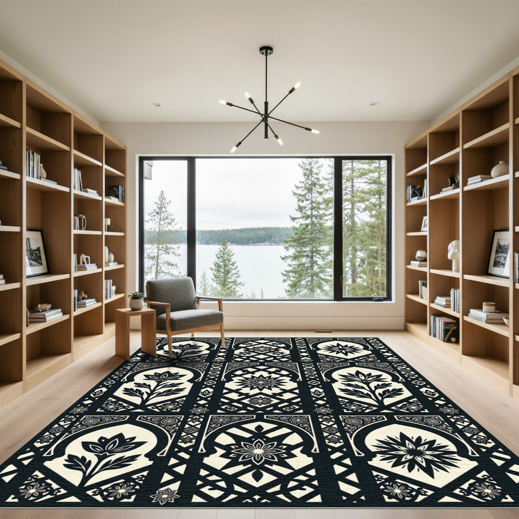 Black and Cream Floral Arch Tile Rug