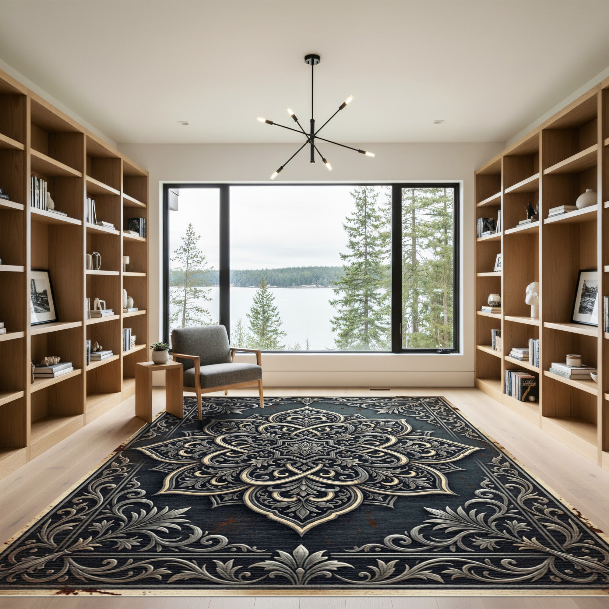 Intricate Silver Floral Slate Damask Rug