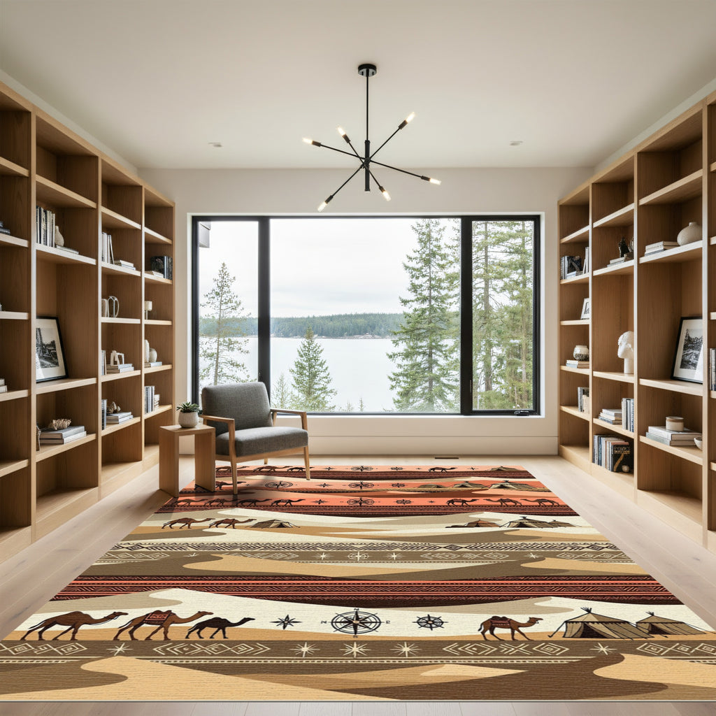 Earthy Desert Camel Compass Stripe Rug