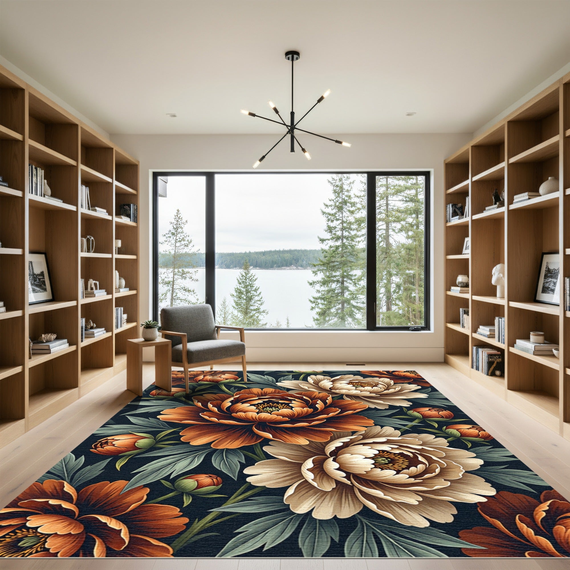 Earthy Rust and Cream Peony Bouquet Rug