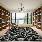 Monochromatic Black and White Thistle Scroll Rug