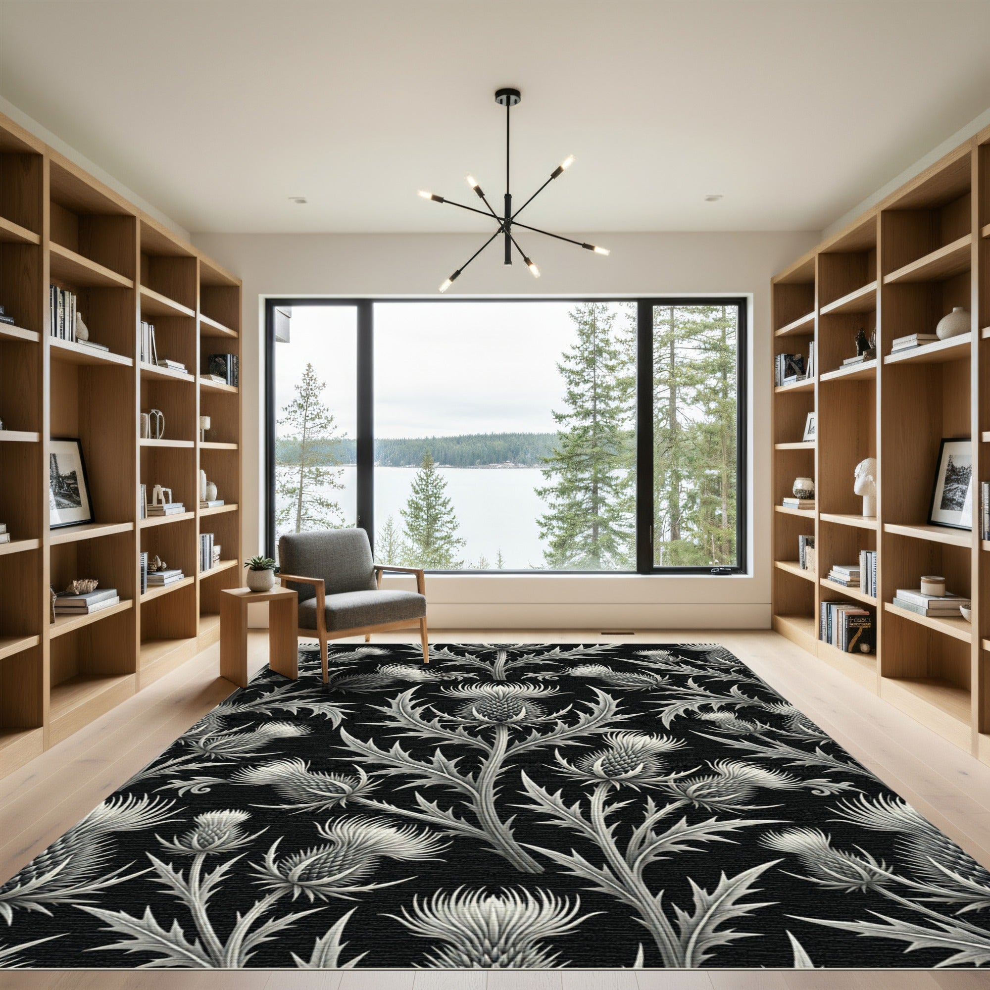 Monochromatic Black and White Thistle Scroll Rug
