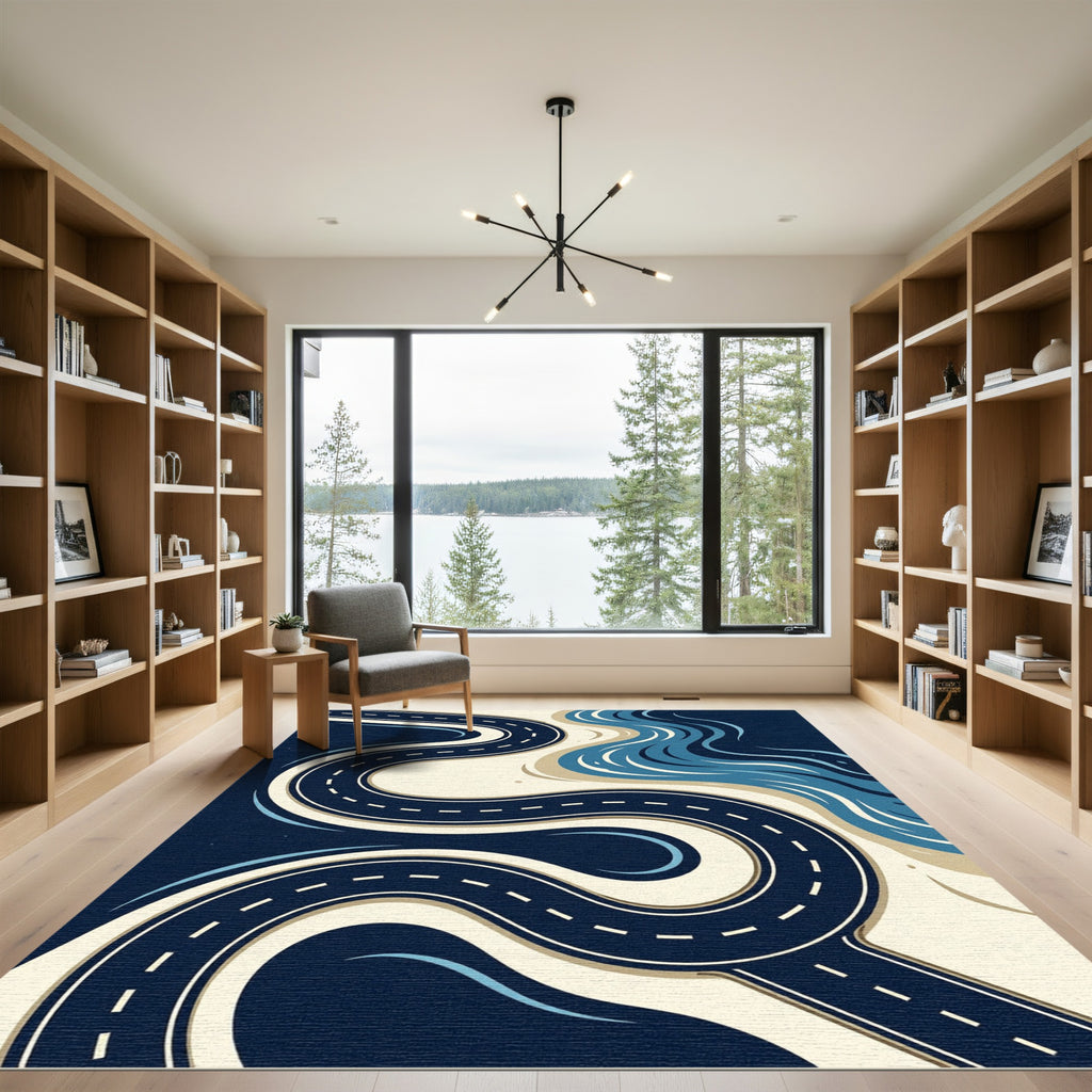Coastal Abstract Navy Blue Winding Road Rug