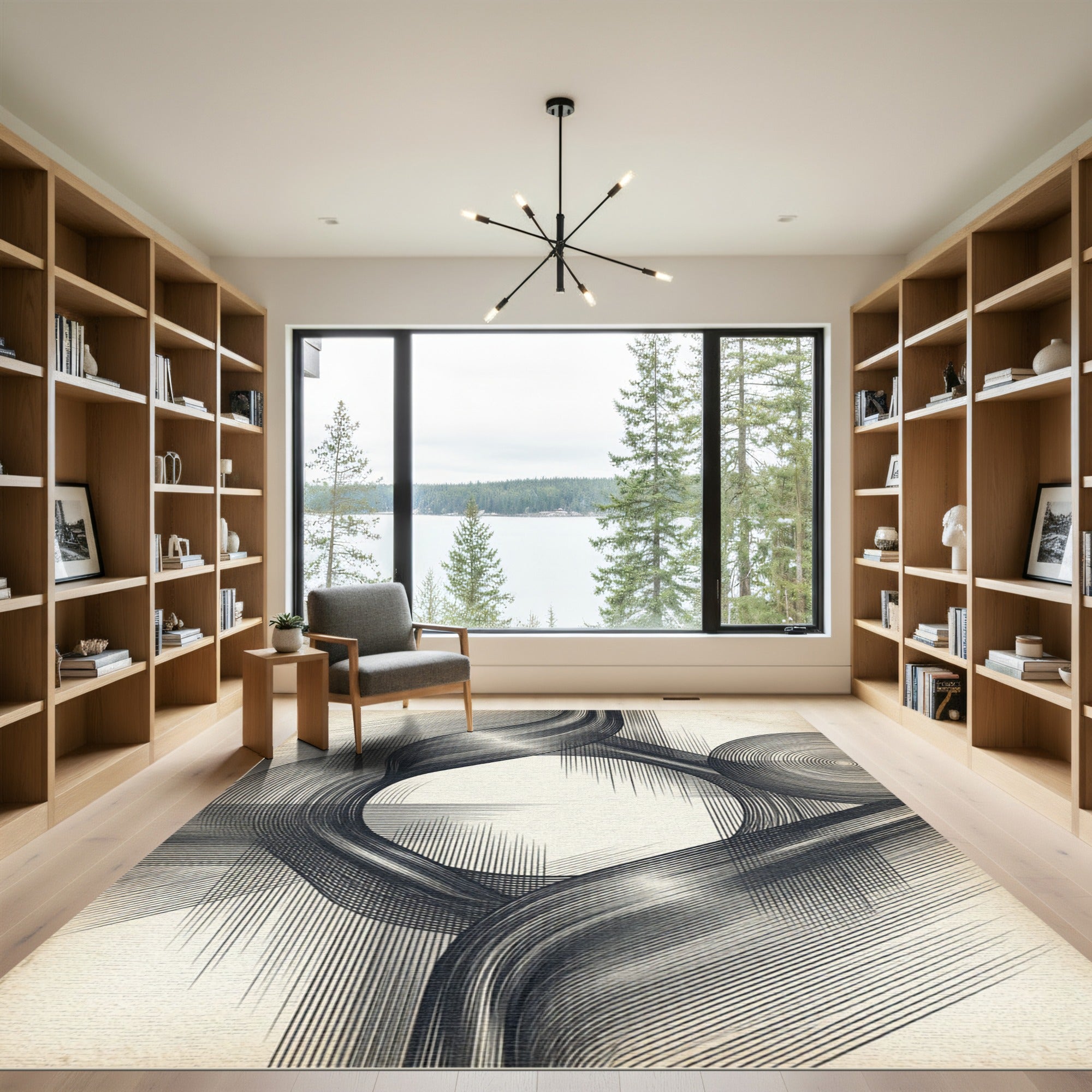 Monochrome Abstract Swirls and Lines Rug