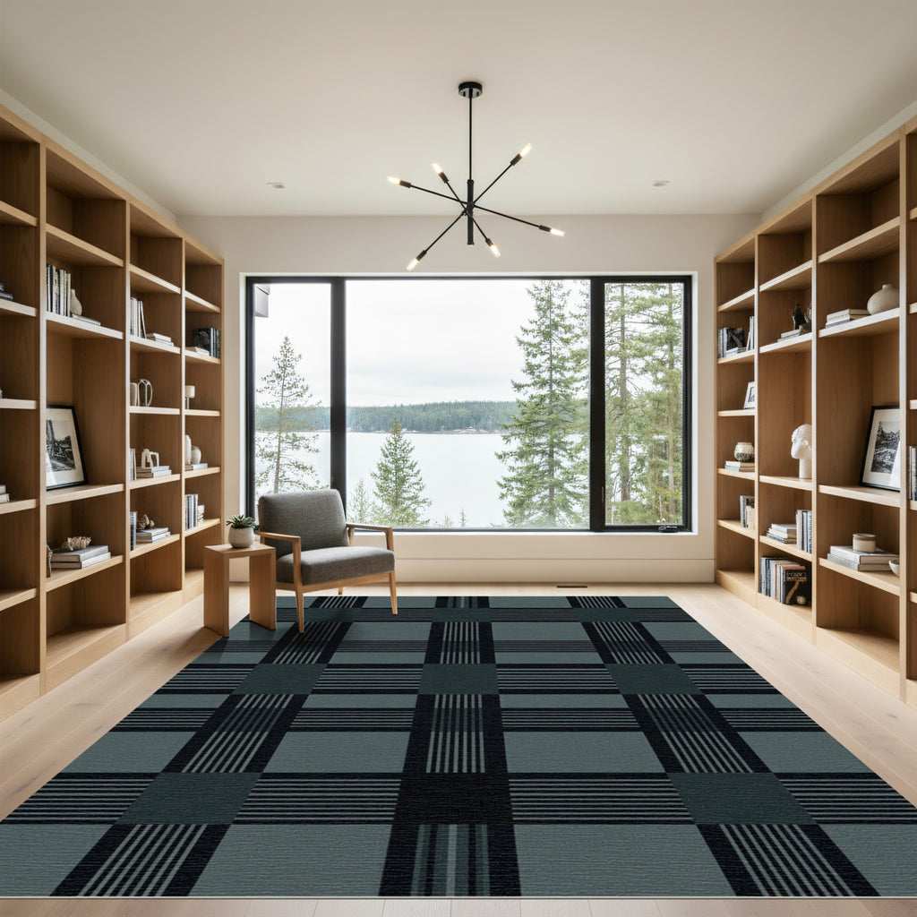 Dark Teal Plaid Stripe Composition Rug