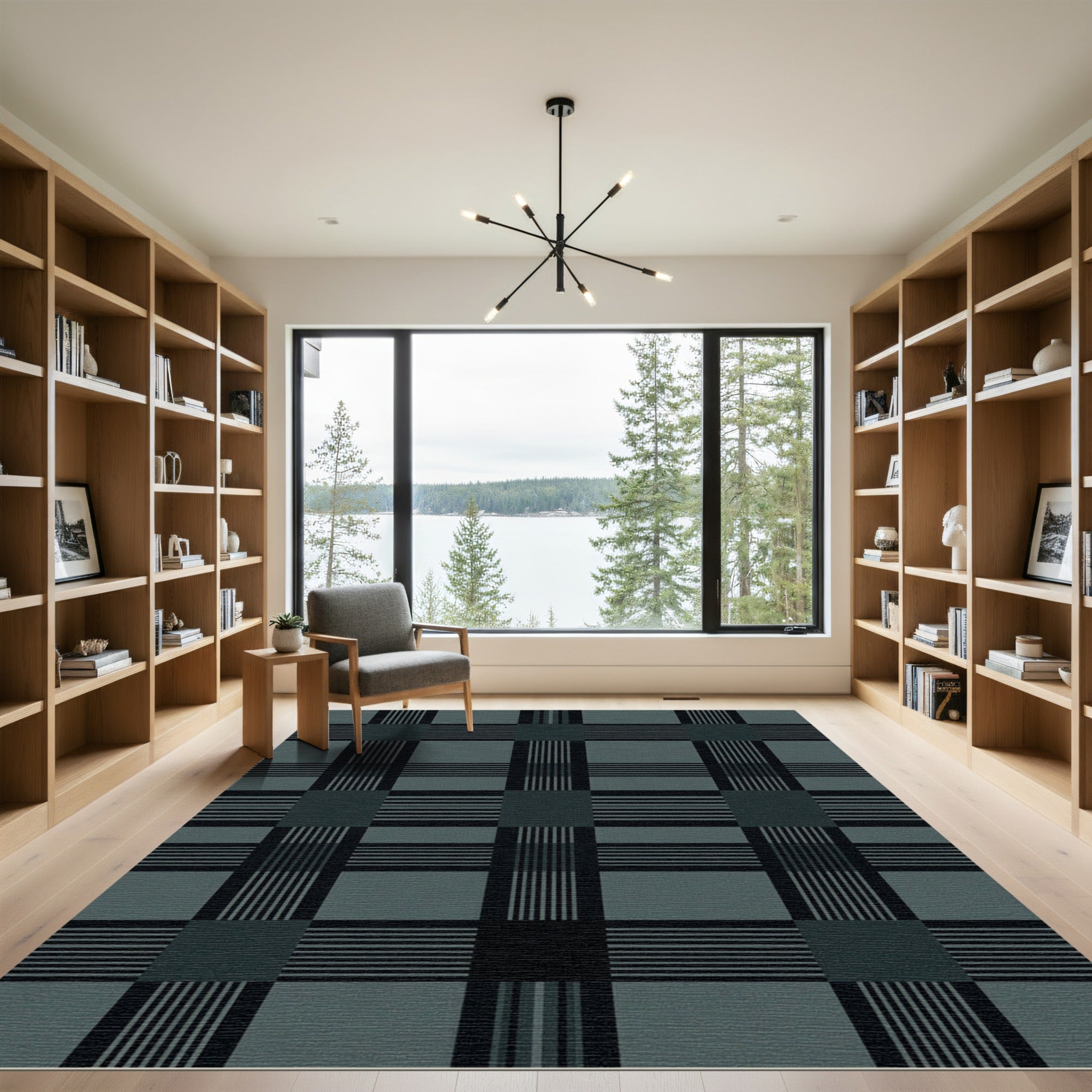 Dark Teal Plaid Stripe Composition Rug