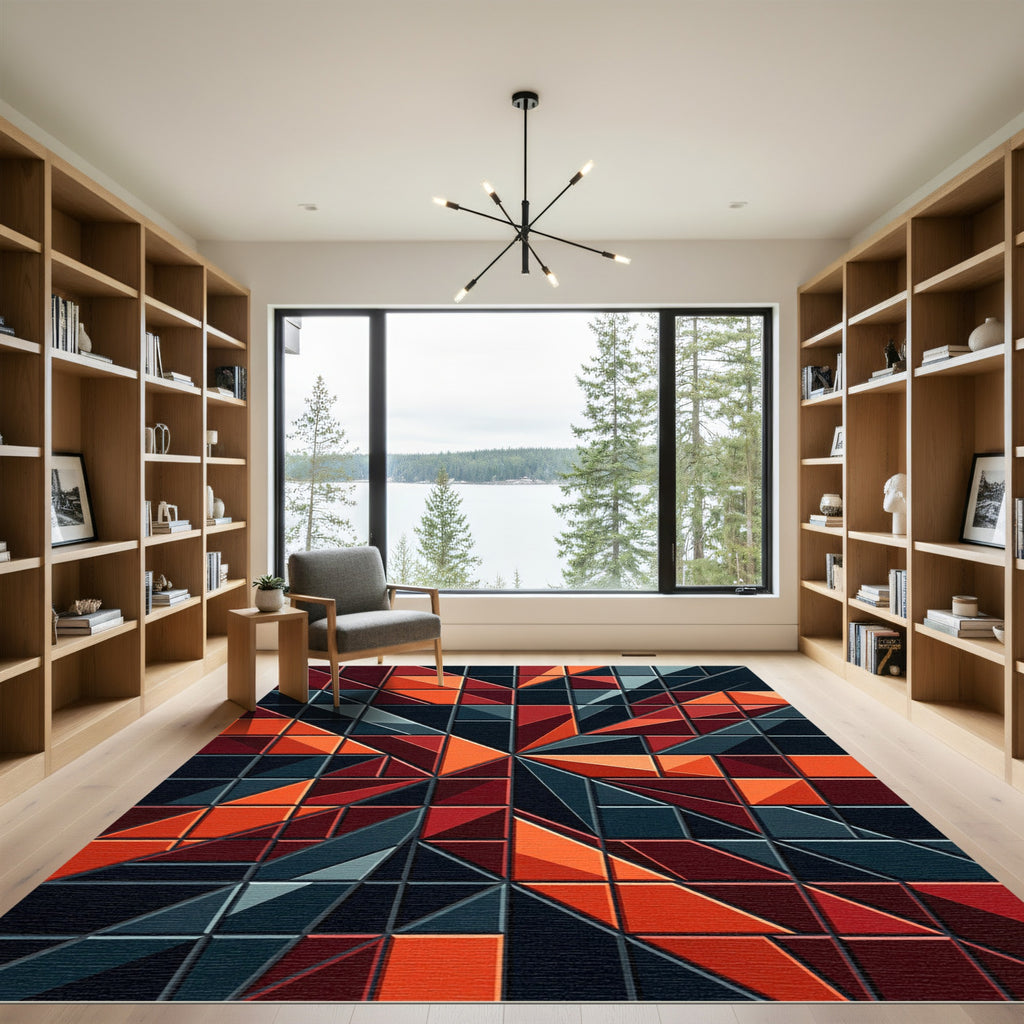 Modern Geometric Crimson Abstract Grid Rug