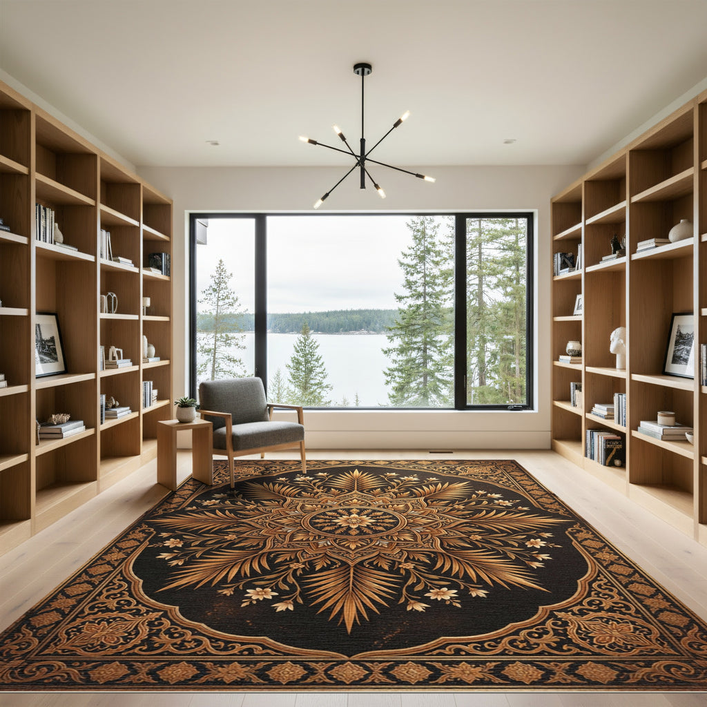 Ornate Gold Floral Mandala Frame Rug