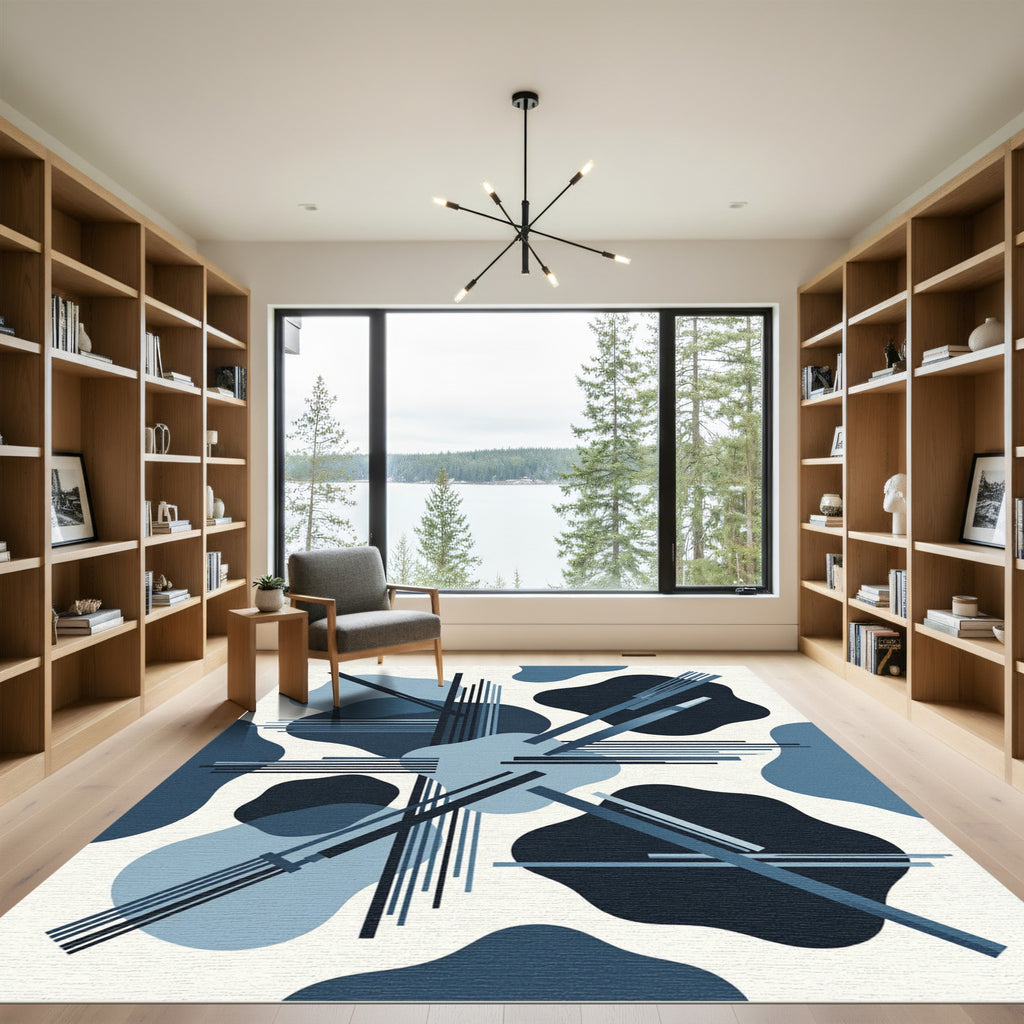 Modern Blue Geometric Abstract Lines Rug