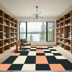 Modern Geometric Peach and Charcoal Grid Rug