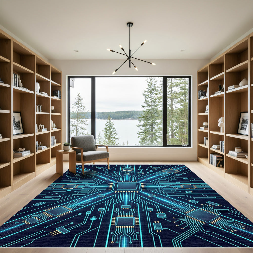 Cybernetic Blue Circuit Board Matrix Rug