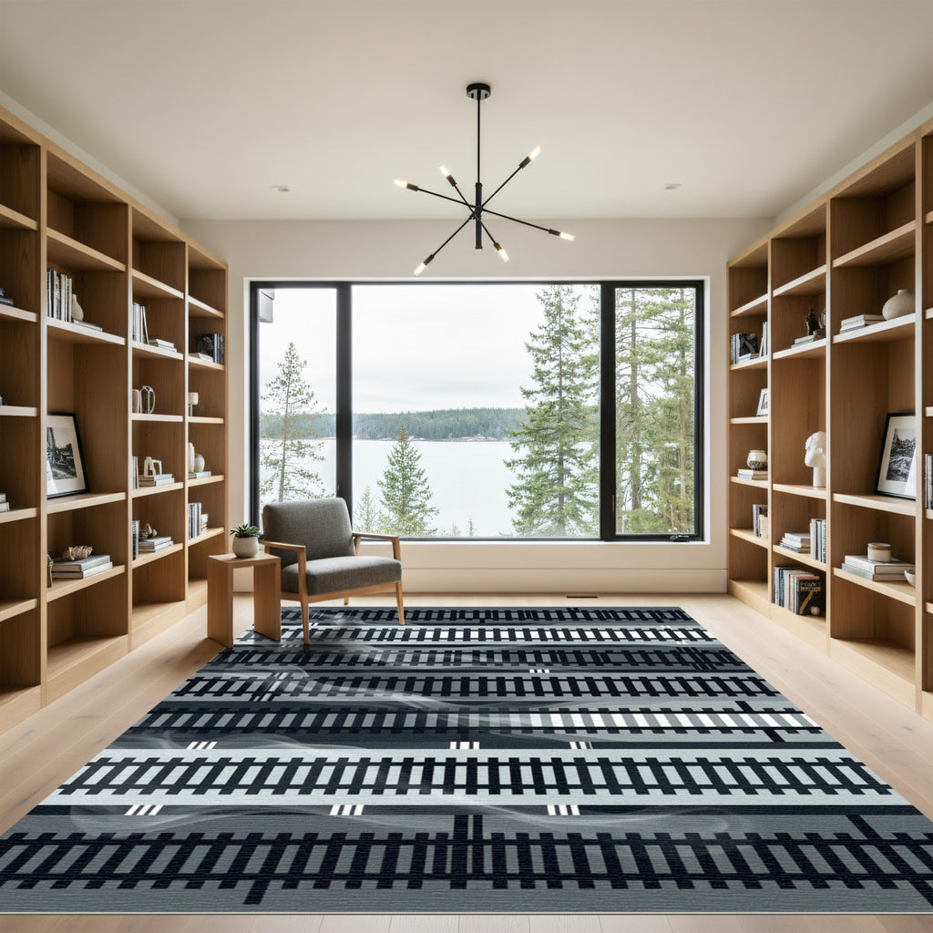 Monochrome Linear Abstract Rail Smoke Artwork Rug
