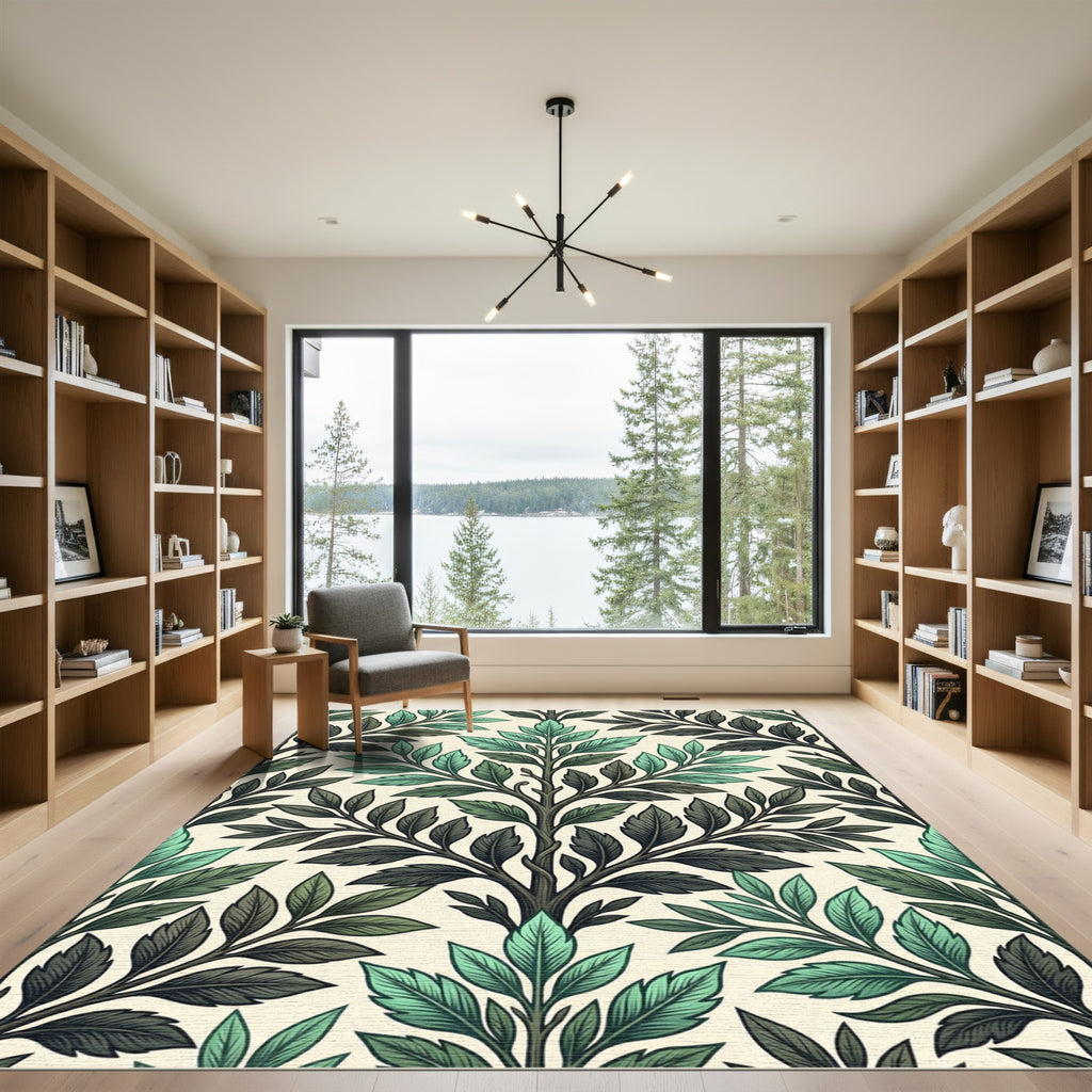 Elegant Mint Green Botanical Leaf Trellis Rug
