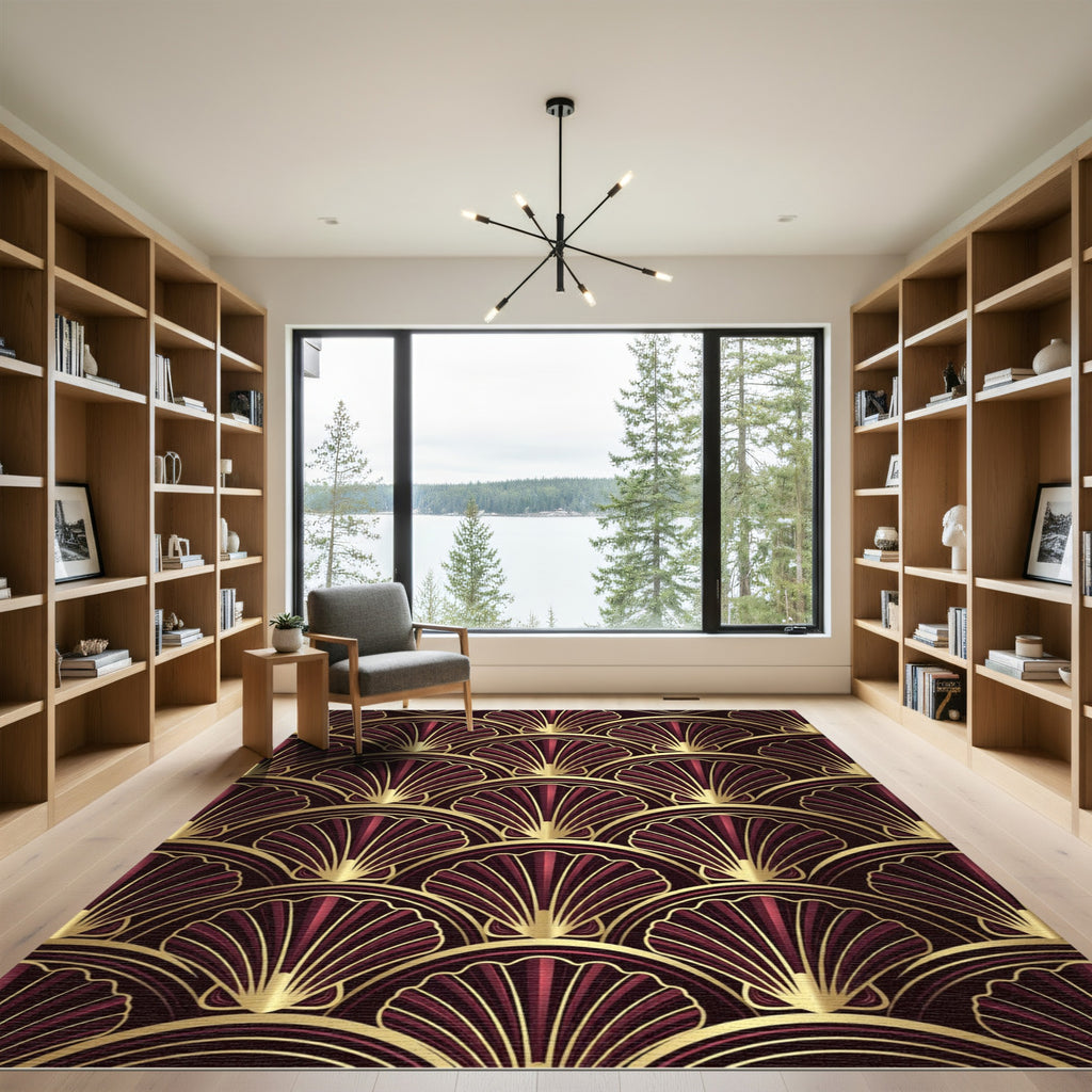 Art Deco Burgundy Gold Fan Shell Rug