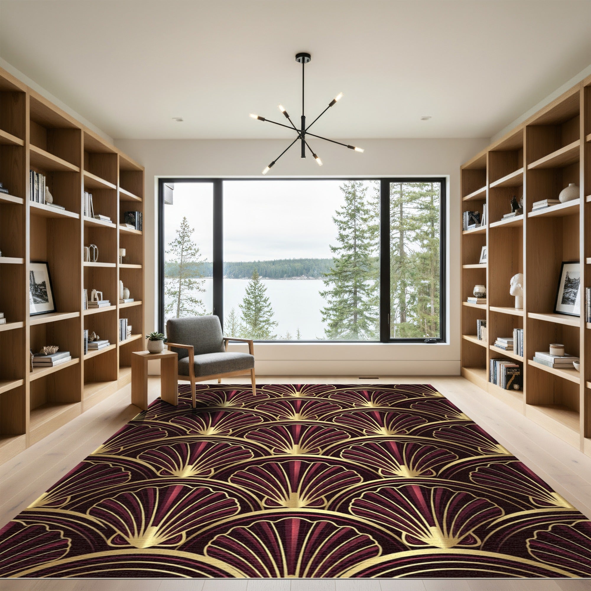 Art Deco Burgundy Gold Fan Shell Rug
