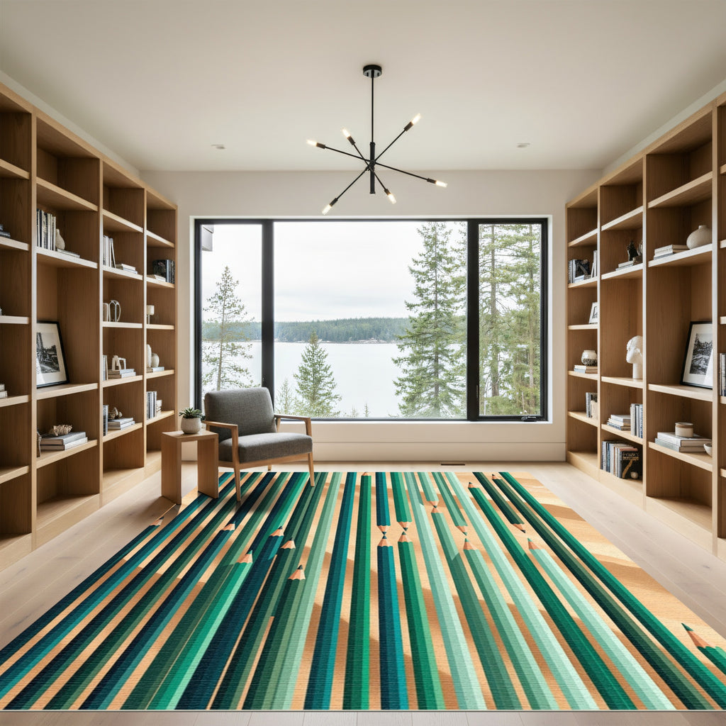 Modern Forest Green Abstract Pencil Stripe Rug