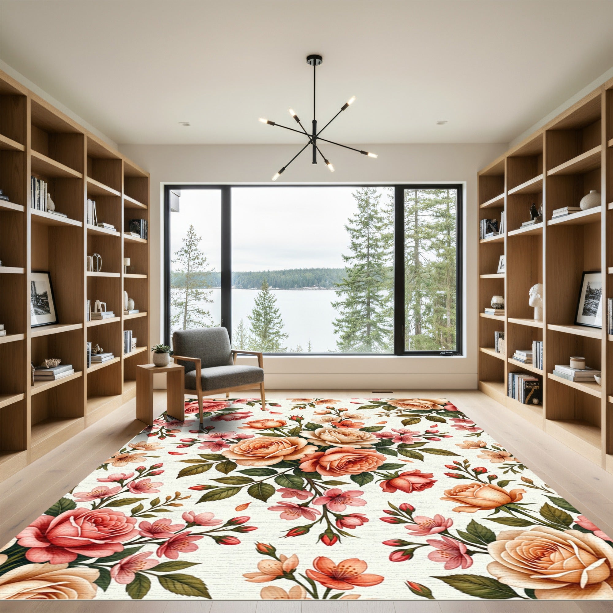 Elegant Peach Rose Floral Garden Rug