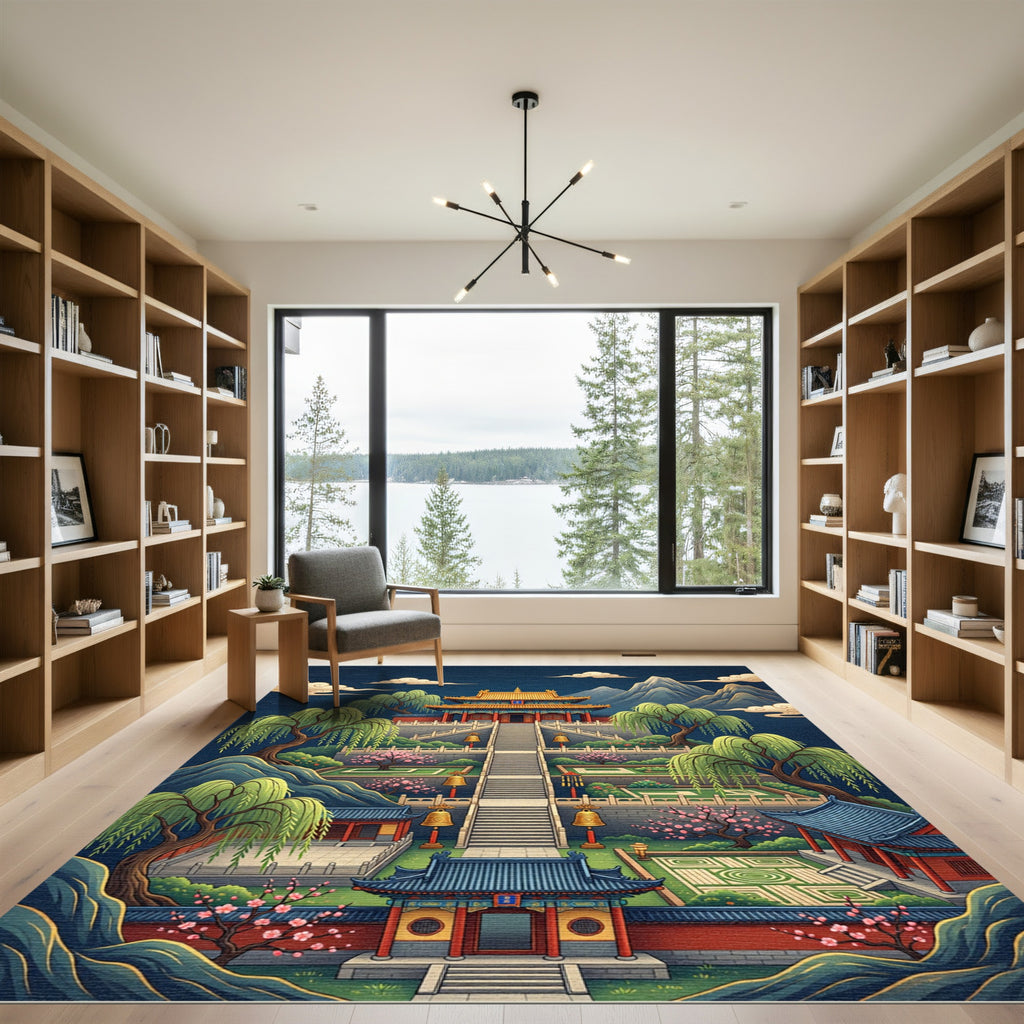 Golden Pagoda Mountain Landscape Scene Rug