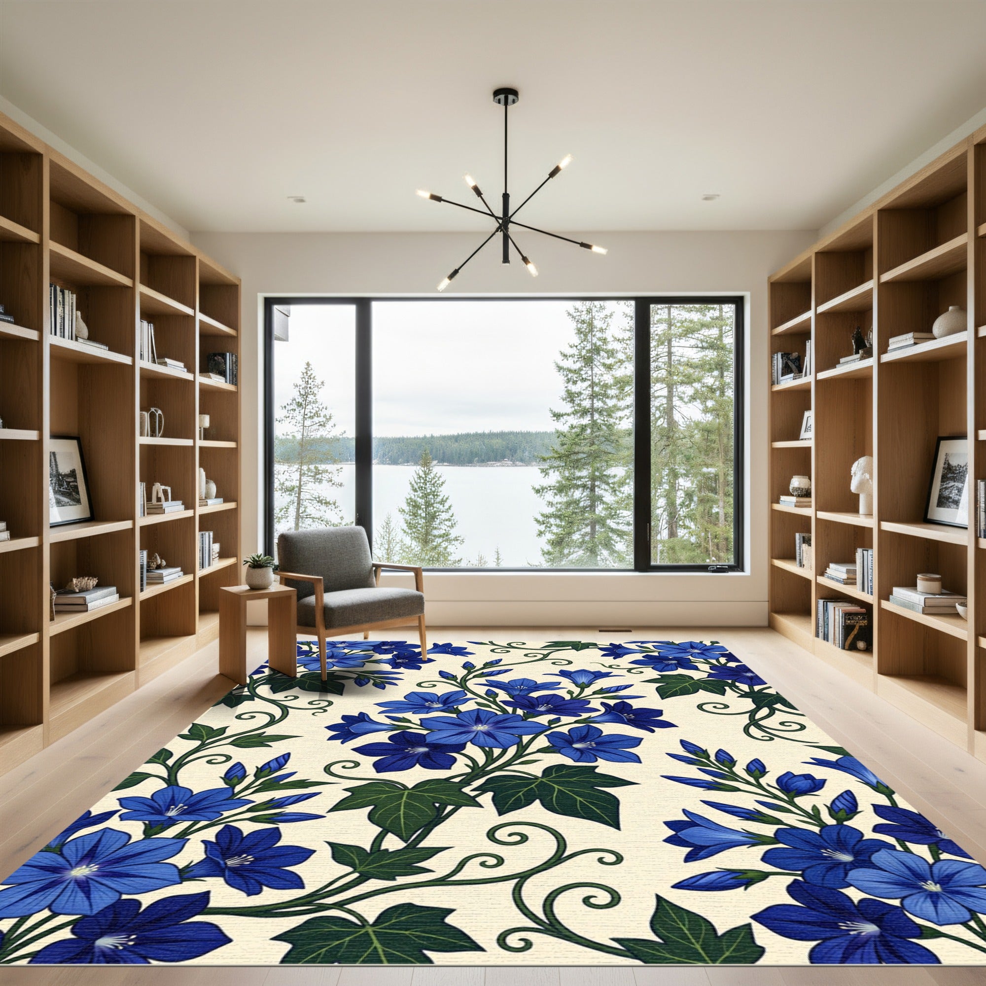 Elegant Cobalt Blue Bellflower Botanical Rug