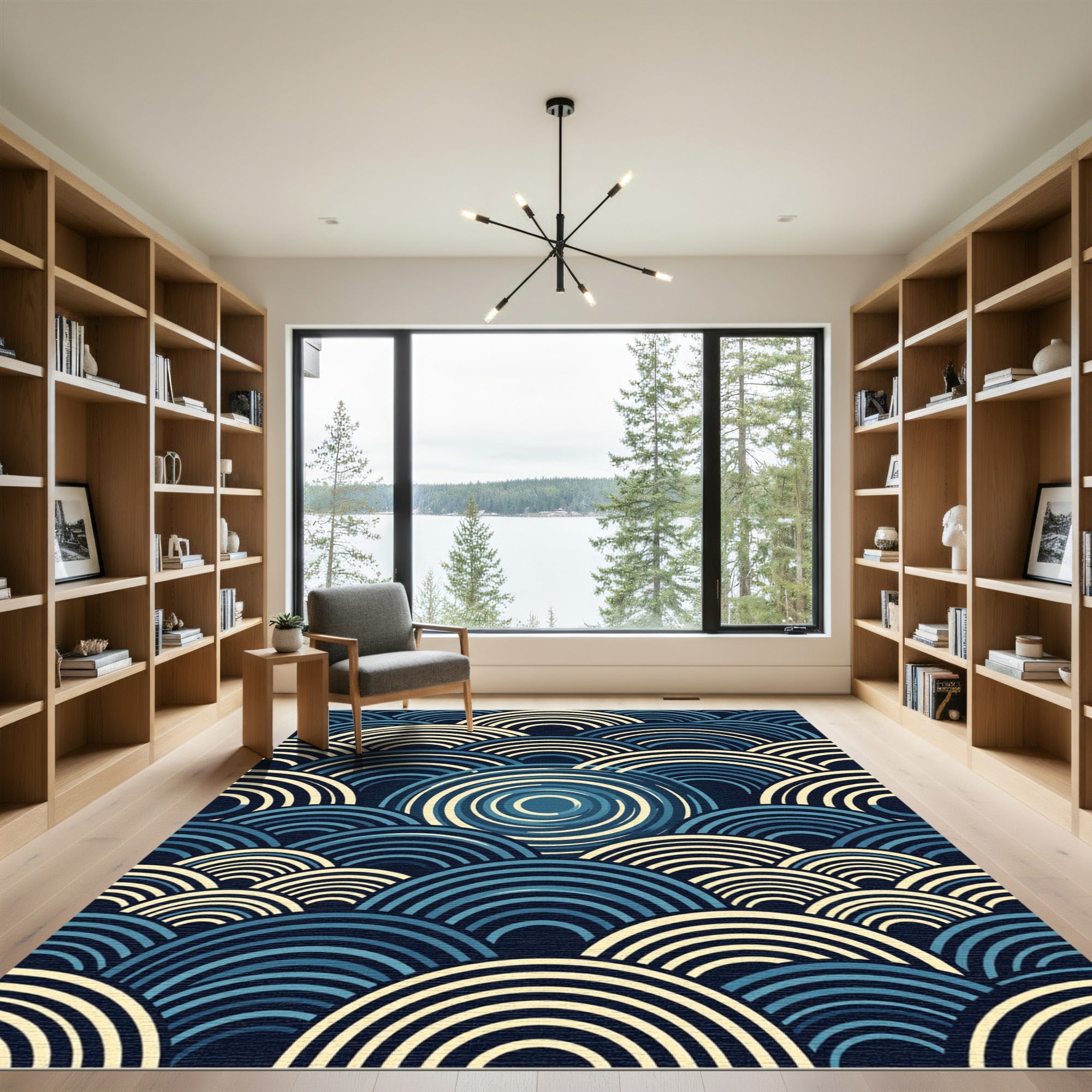 Modern Navy and Cream Geometric Wave Rug