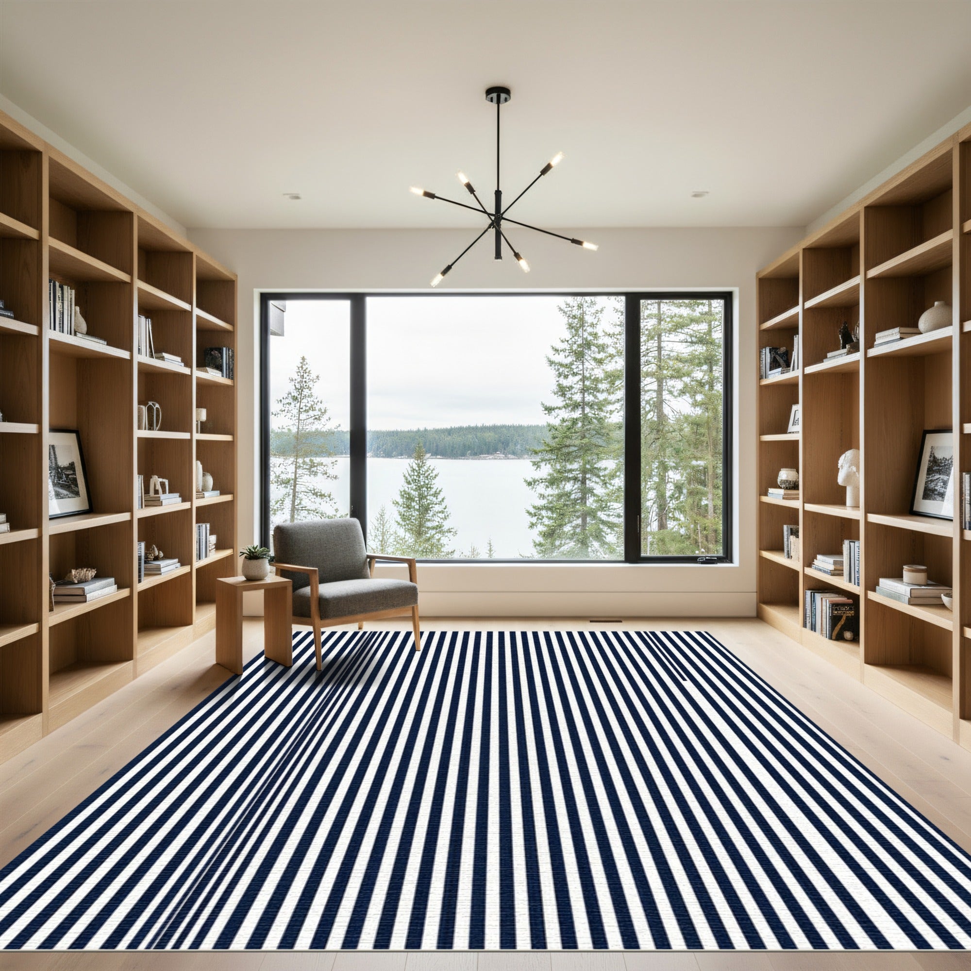 Navy White Vertical Stripe Composition Rug
