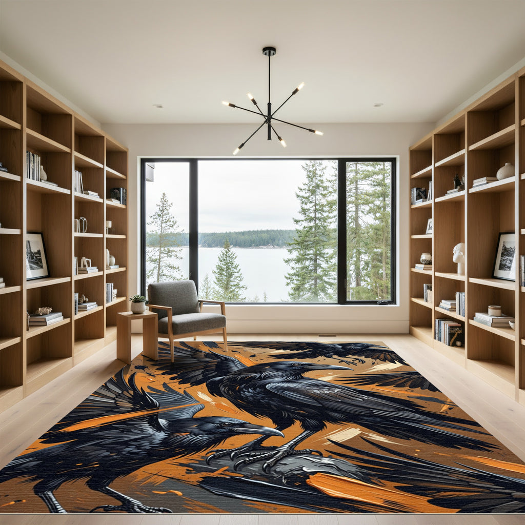 Dark Ravens With Orange Splatter Background Rug