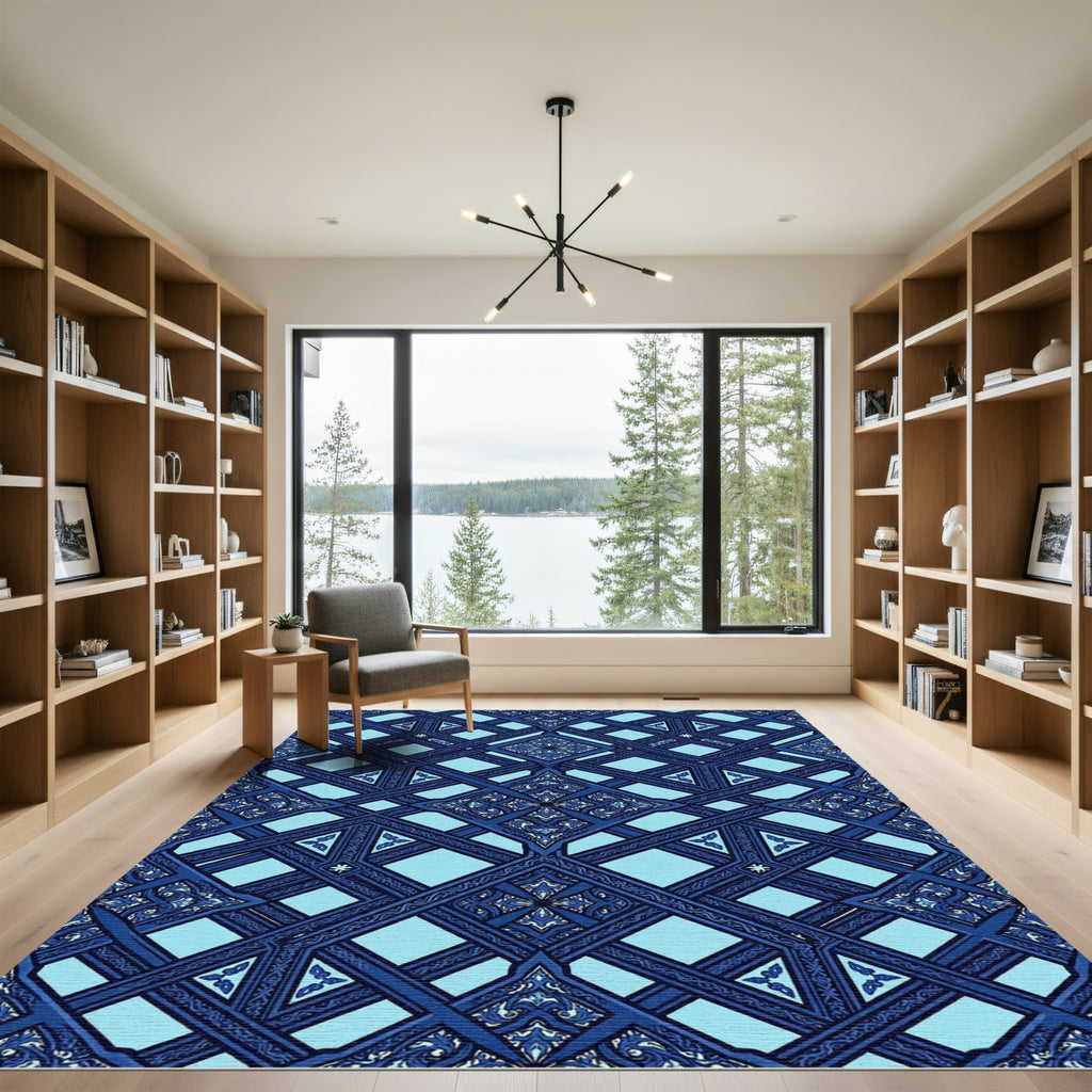 Azure Geometric Tracery Lattice Ornament Rug