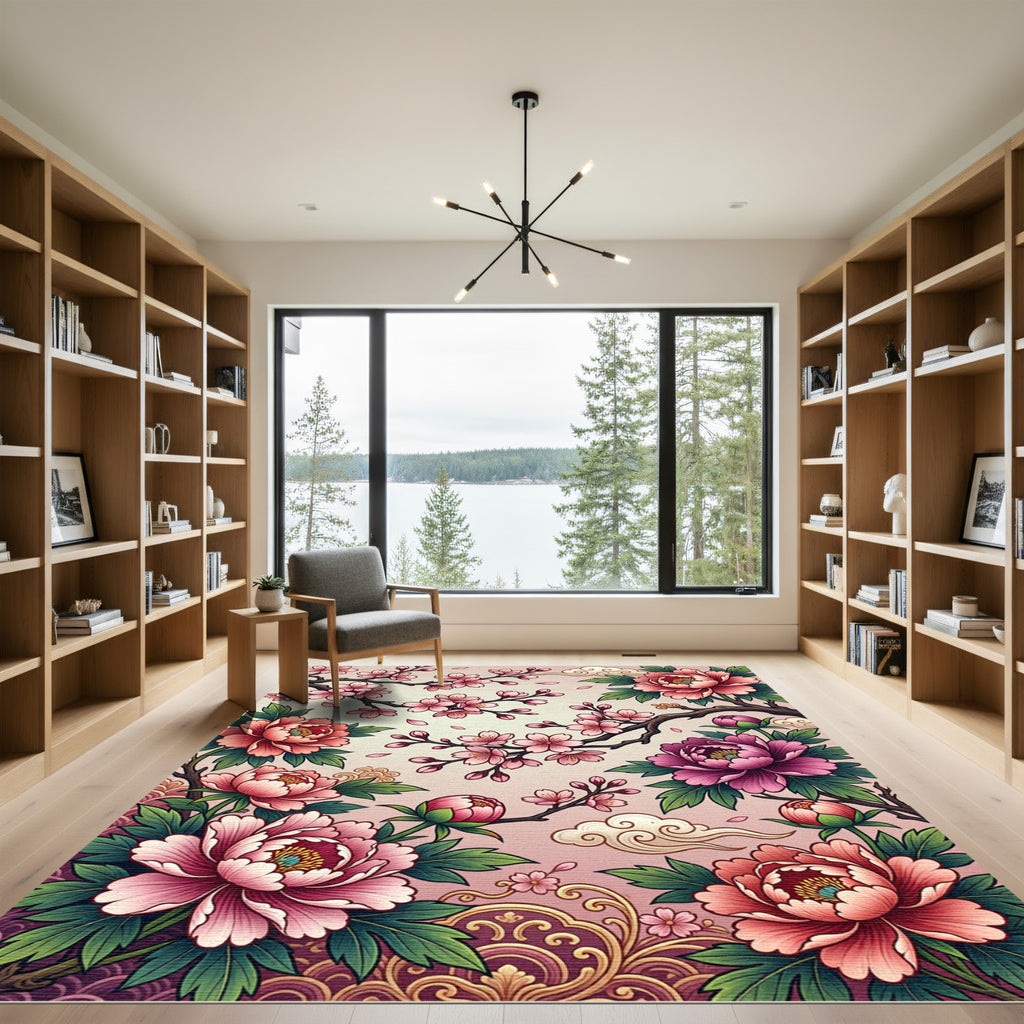 Pink Peony Cherry Blossom Floral Swirls Rug