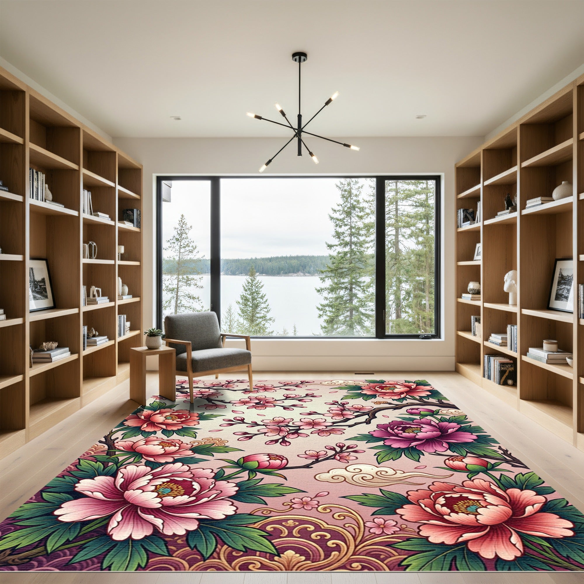 Pink Peony Cherry Blossom Floral Swirls Rug