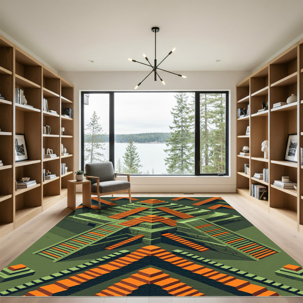 Isometric Orange Temple Pyramid Geometry Rug
