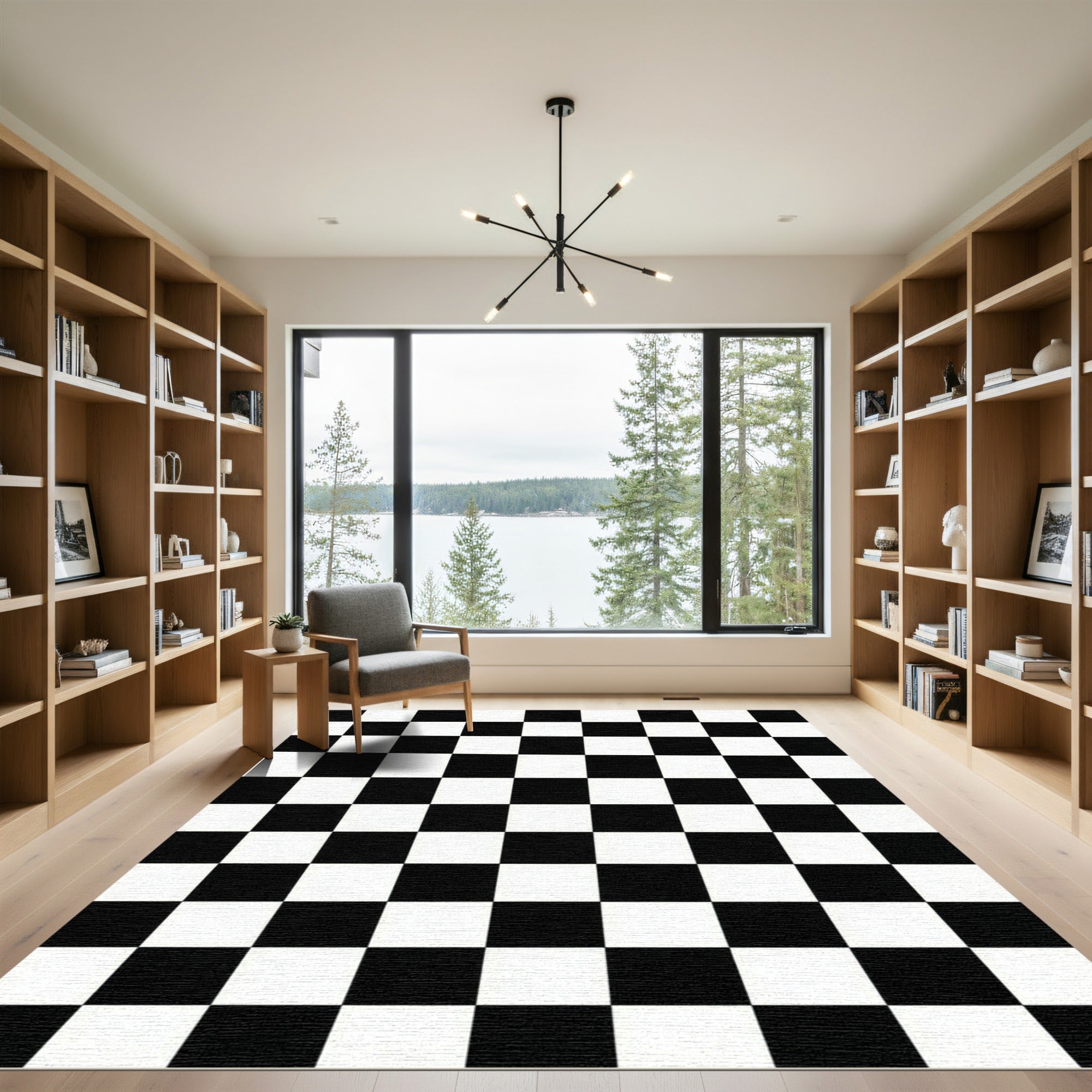 Modern Monochrome Checkerboard Grid Area Rug