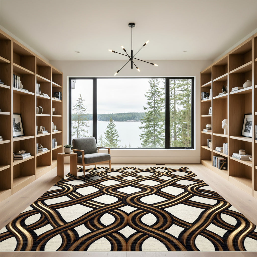 Intricate Gold Black Intertwined Waves Rug