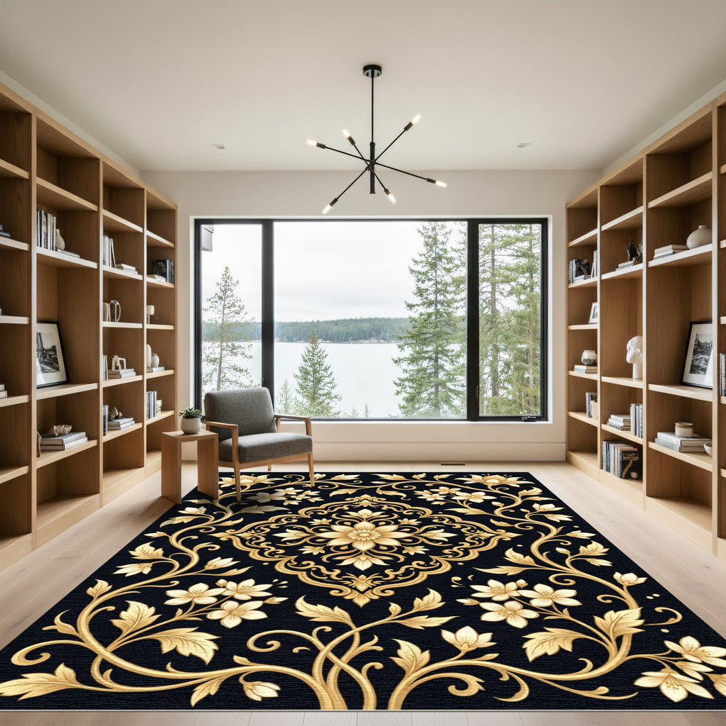 Golden Floral Scrollwork Black Rug