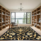 Golden Floral Scrollwork Black Rug