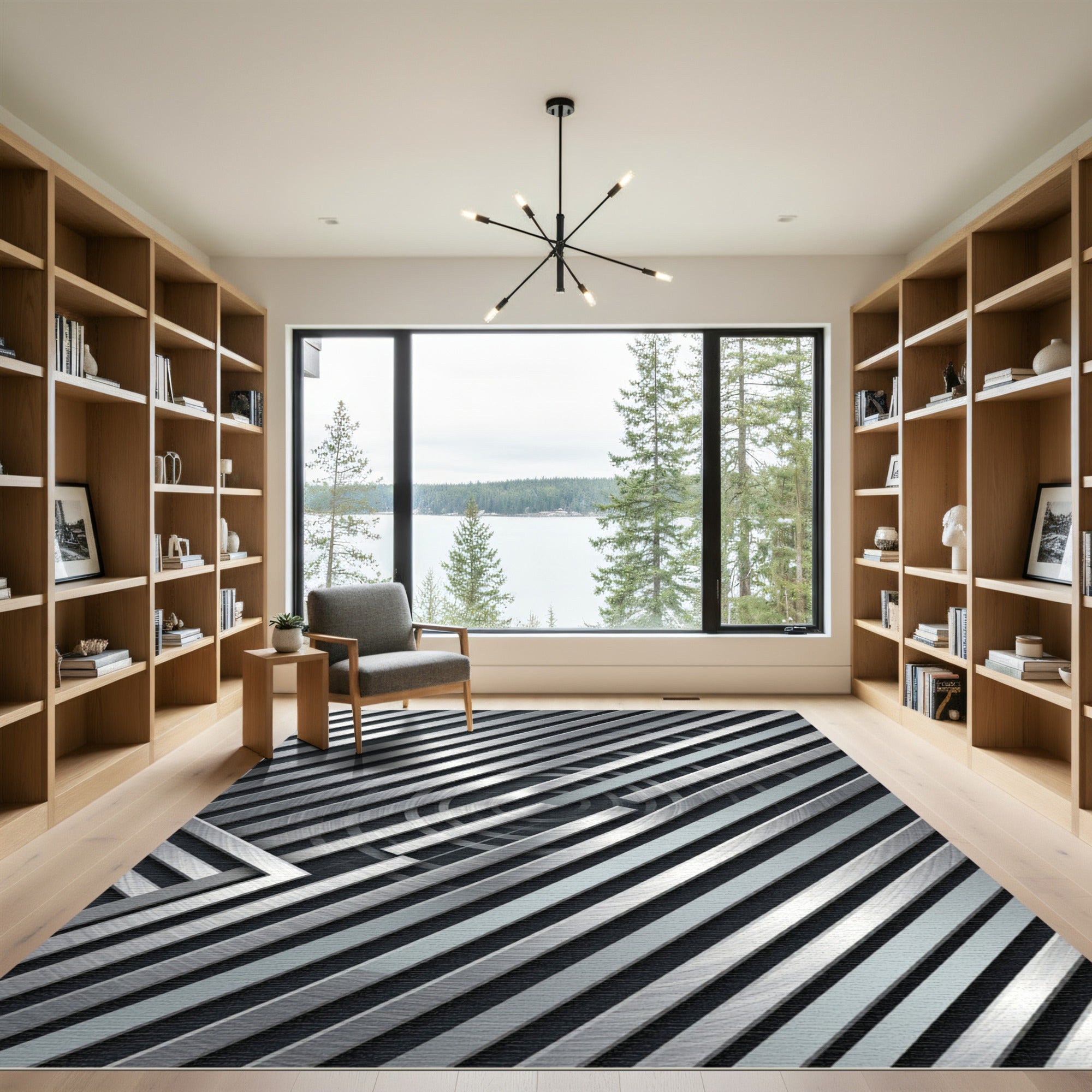 Modern Metallic Silver Diagonal Stripe Rug