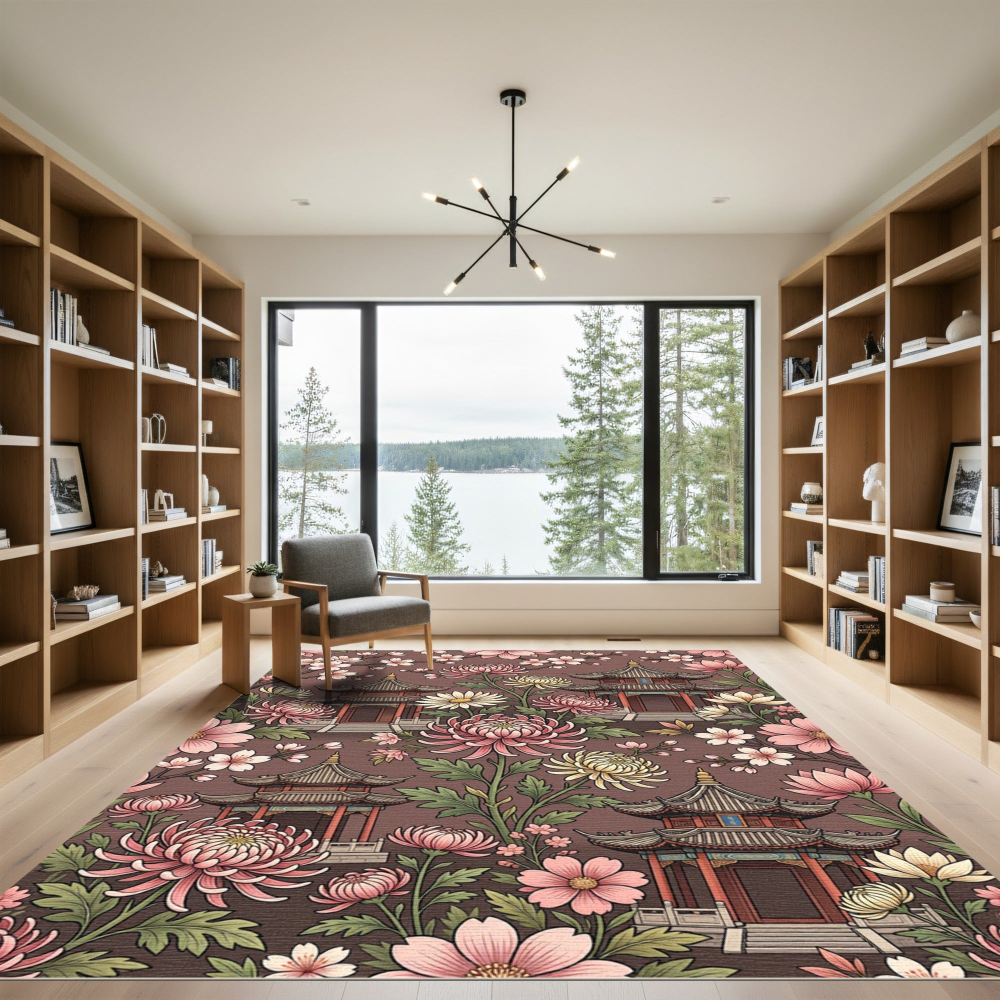 Chinoiserie Pagoda and Blossom Floral Tapestry Rug