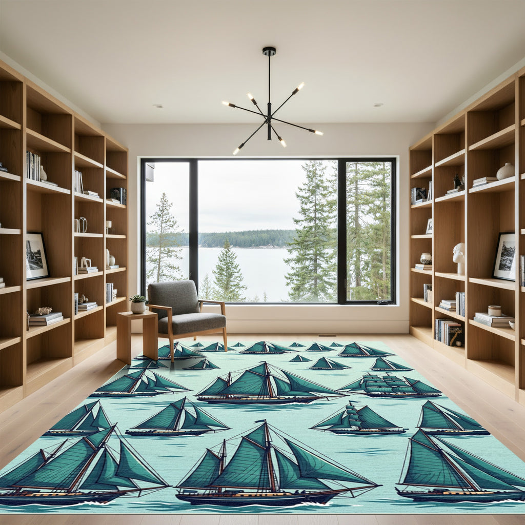 Teal Sailboat Nautical Sea Illustration Rug