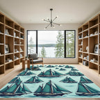 Teal Sailboat Nautical Sea Illustration Rug