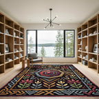 Hexagonal Ruby Gemstone Floral Border Art Rug