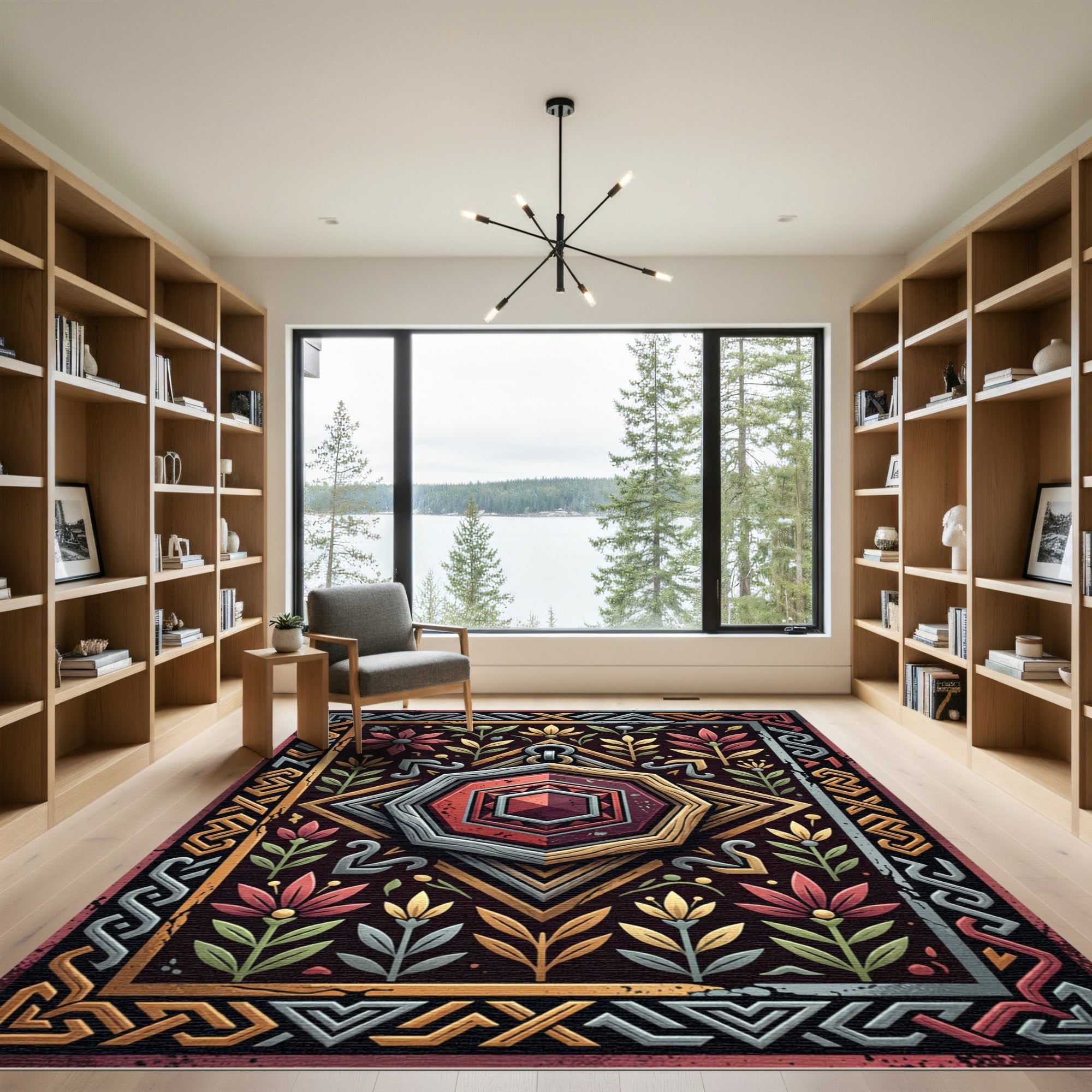 Hexagonal Ruby Gemstone Floral Border Art Rug