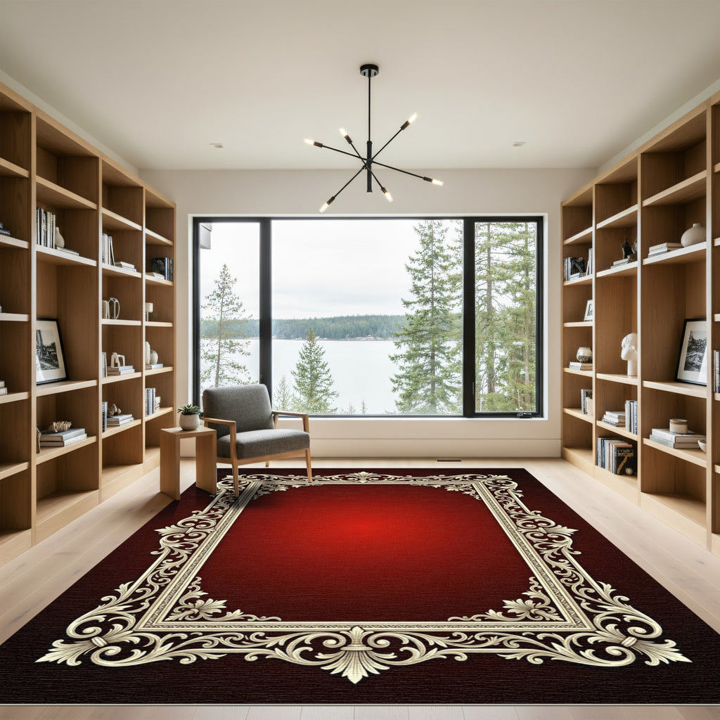 Ornate Ivory Scrollwork Red Sunburst Rug