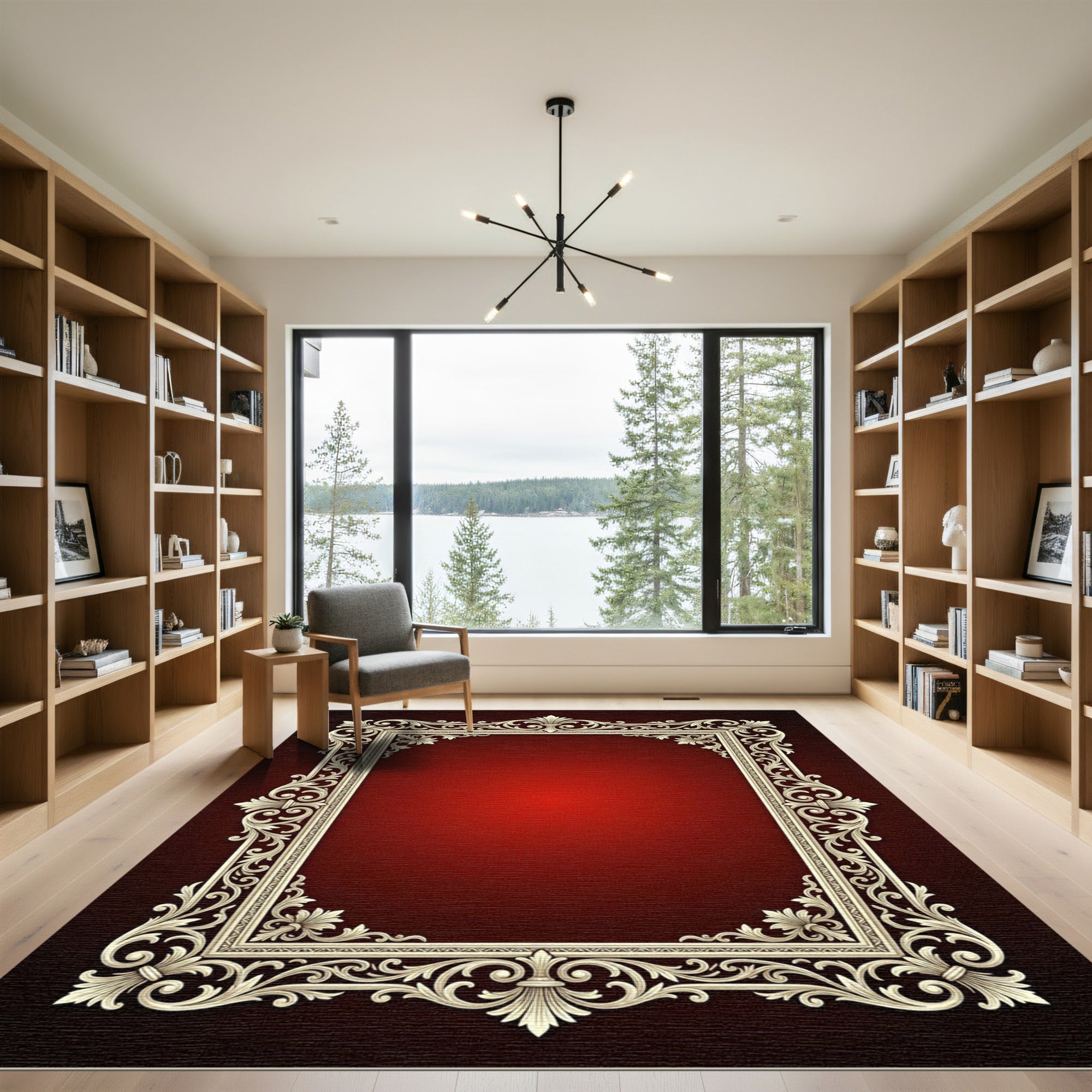 Ornate Ivory Scrollwork Red Sunburst Rug