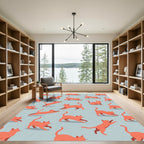 Playful Coral Orange Stretching Cat Illustration Rug