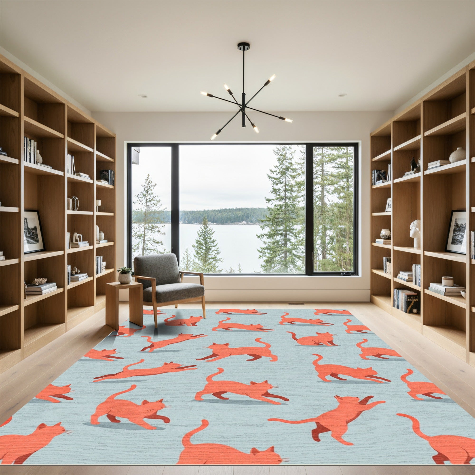 Playful Coral Orange Stretching Cat Illustration Rug